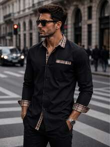 Men's Spring/Autumn Casual Business Plaid Patchwork Open Front Long Sleeve Shirt - Black - View 2