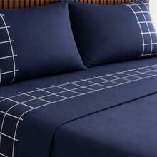 Alegra 400 Thread Count Silk Touch 4-Piece Sheet Set For Double/Queen/King Sizes - Premium Comfort - 海軍藍格子圖案 - 查看 2