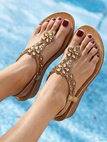 Women's Summer 2026 Crystal Water Drops Evening Slip-On Wedge Heel Round Toe Strappy Sandals - Gold - View 7