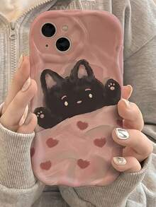 1pc Dopamine Cute Pink Heart Black Cat Wavy Cream Texture Cute Regular Phone Case Compatible With IPhone11/12/13/14/15/16/17/IPhone16/15/14/13/12/11Pro Max XS/XR/X/7/8/Plus IHonor X9c/X9b/X8a/X7b 3D Wavy Vintage White - White - View 3