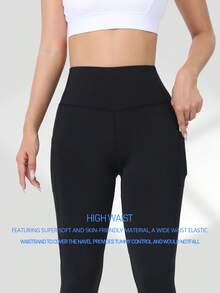 Spring Summer Autumn Women's High Waist Side Pocket Capris, Elastic Sports Leggings For Running And Workout, Leisure Black - Black - View 6