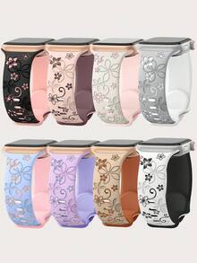 雙色花卉雕刻錶帶，相容 41mm 40mm 44mm 45mm 42mm 38mm 46mm 49mm，適合女性與男性，可愛波希米亞風洋紫荊壓紋矽膠運動錶帶，適用於 SE 11 10 9 8 7 6 5 4 3 2 1 Ultra - 38mm/40mm/41mm - 查看 24
