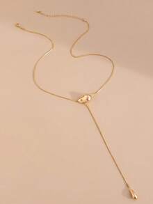 1pc Minimalist Asymmetric Pebble Water Drop Lasso Necklace, Gold Snake Chain Y-Shaped Adjustable Pendant Jewelry, Women's Daily Gift - Gold - View 4