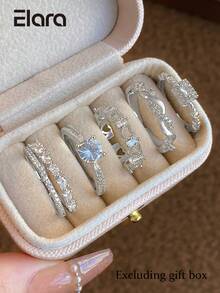 5pcs Luxury Cubic Zirconia Heart-Shaped Open Copper Ring Set, Suitable For Women's Dating And Party Wear (Gift Box Not Included) - Silver - View 1