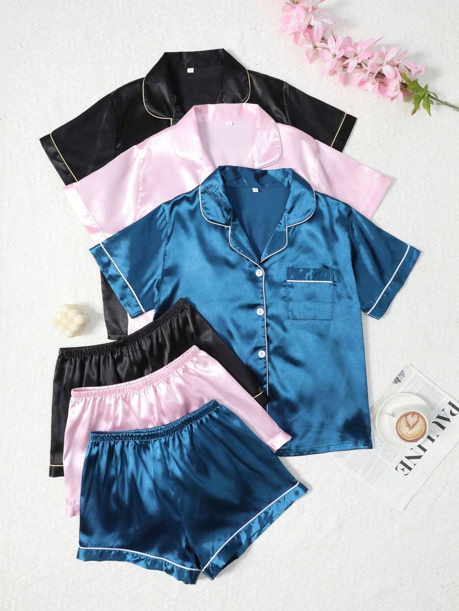 情人節多件式純色緞面女款睡衣套裝,柔軟緞面居家服 - 彩色 - 查看 1