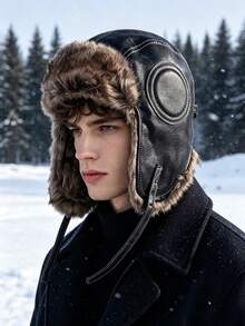 Men's Thick Faux Leather Trim Hat - Windproof Earflap Design, Suitable For Snowy Weather, Ideal Winter Gift - Multicolor - View 2