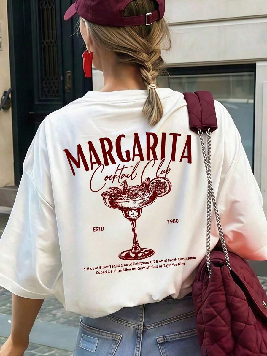 Casual Short-Sleeve Top With Cocktail Motif Print, Vintage Style, Suitable For Everyday Summer Occasions And Vacation Leisure Activities, White. - White - View 1