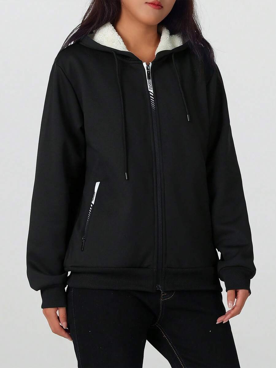 Women's Winter Sports Fleece Lining Zip-Up Sweatshirt Jacket, Running Cycling Fitness Multi-Functional Sports Outerwear - Black - View 1