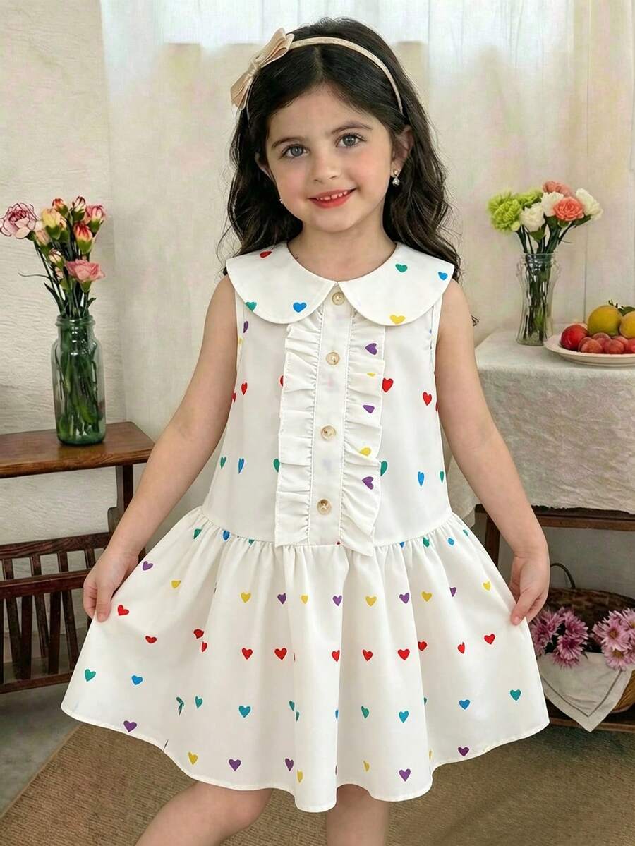 Girls' Pure White Sleeveless Dress With A Peter Pan Collar, Vertical Ruffles, And A Loose A-Line Skirt With Colorful Heart Prints All Over