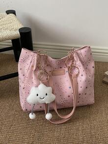 1pc Cloud Pendant Decor Colorful Star Pattern Polyester Fiber Large Capacity Zipper Fashion Shoulder Bag Suitable For Women's Daily Use - Multicolor - View 6