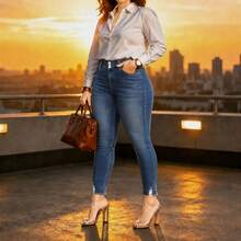 Plus Size High Waist 3-Button Slim Fit Denim Jeans, Tummy Control Stretch Blue Jeans Vacation Casual Fall - Blue - View 5