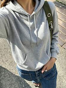 女款秋冬新款極簡休閒百搭連帽抓絨衛衣 - 淺灰色 - 查看 1
