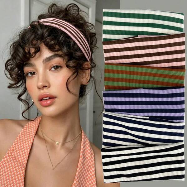 6 Pcs/1 Pc Women's Striped Elastic Headband, Unisex Versatile Sports Headband, Fitness Yoga Hair Tie, Street Fashion Punk Style Sweet Cool Spicy Girl, Black, Purple, Brown Green, Navy Blue, Pink Brown And Green Multi-Color Options, Extra Soft Non-Slip Elastic Hollow Beach Yoga Sports Knitted Headband, Fashion Versatile Fairy Flower Headband, Suitable For Daily, Casual, Party, Work, Vacation, Makeup, Outfit Matching, Spring Headband, Summer Headband, Autumn Headband, Winter Headband