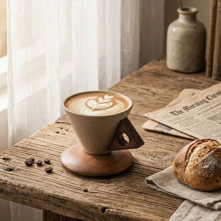1pc Ceramic Funnel Coffee Cup With Saucer Set, 250ml Exquisite American Latte Cup, Designer Niche Anti-Scald Funnel Water Cup, Suitable For Home, Office, Cafe - Stoneware+Brown - View 1