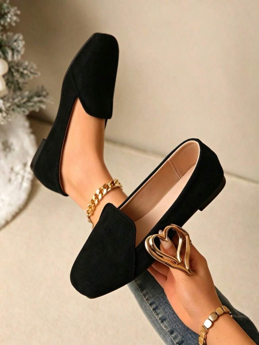 Women's Suede Loafers, Black Square-Toe Slip-On Low Heel Comfort Flats For Office, Work, Daily Wear & Dating - 黑色 - 查看 1