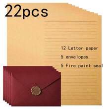 22pcs Vintage Cowhide Letter Paper Red/Beige Linen Envelope Set, Horizontal Lined Letter Paper For Handwriting, Handwritten Love Letters, Includes 12 Letter Papers + 5 Envelopes + 5 Wax Seals - Set - View 8