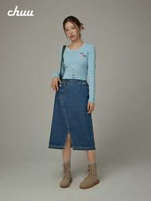 CHUU High Waist Heart Denim Skirt Women Autumn Embroidered Letter Slit A-Line Skirt - Blue - View 5