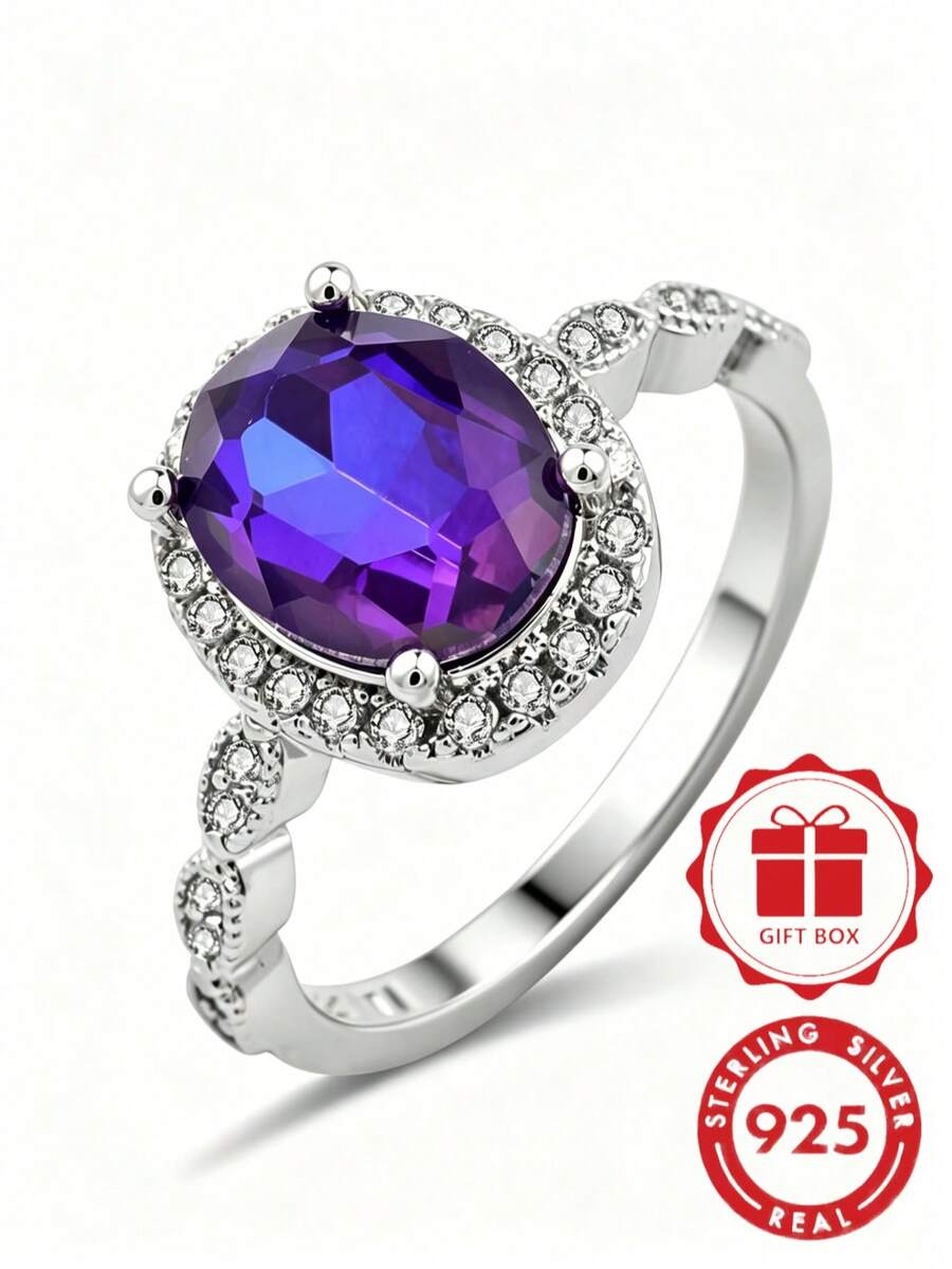 1pc 925 Sterling Silver Purple Cubic Zirconia Women's Ring, Women's Jewelry, Size 6-10, Fashionable & Simple For Daily Wear, Gift With Gift Box - Silver - View 1