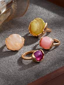 4pcs Resin Translucent Candy Color Round Open Rings, Casual Versatile Ins Rhinestone Studded Rings - Multicolor - View 4