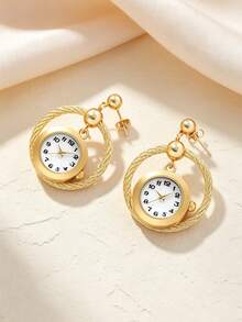 Unique Watch Pendant Earrings, Gold Round Dangle Earrings, Novel Clock Jewelry Earrings, Vintage Style Statement Earrings, Creative Design Earrings - Multicolor - View 6