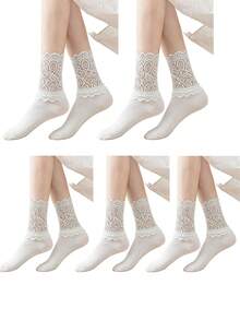 1 par de calcetines de media caña para mujer de unicolor con parches de encaje, estilo retro, suaves y cómodos - Blanco - Ver 14
