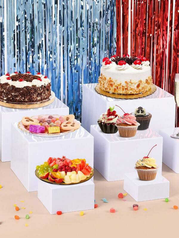 3pcs Stackable Acrylic Dessert Display Stands, White Rectangular Dessert Boxes, Multiple Sizes, Suitable For Parties, Buffets, Wedding Decor, Bridal Showers, Baby Showers, Birthday Parties, Party Dessert Displays, Christmas And Holiday Party Decor.