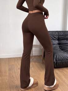 High-Waist Wide-Leg Pants, Vintage Style With Tummy Control Effect, For Sports, Fitness, High-Intensity, Versatile For Running, Showing Off Long Legs. Brown - Brown - View 2