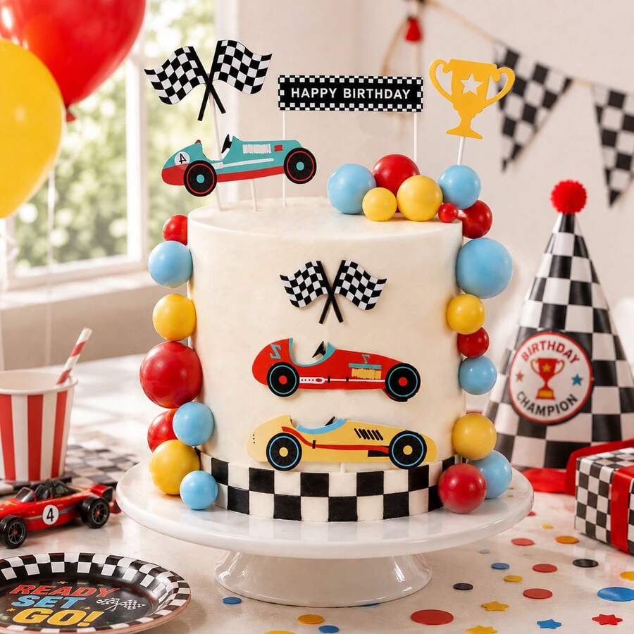25pcs/20pcs Race Car Cake Topper Set, Checkered Flag Trophy Racing Car Cupcake Picks With Color Foam Balls For Race Car Theme Birthday Cake Decorations - Multicolor - View 1
