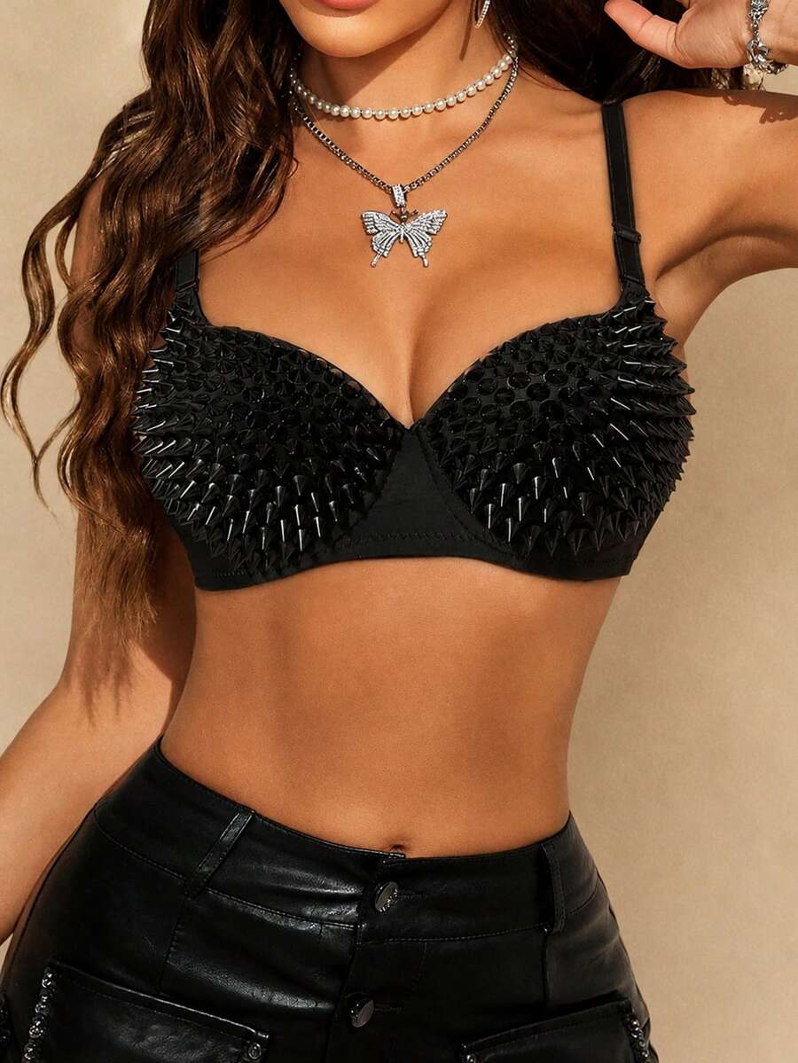 Apperloth A Y2K Punk Black Studded Cropped Bustier Top, Adjustable Shoulder Straps, Metal Eyelet Backless Party Camisole Top, Rave Festival Summer - 黑色 - 查看 1