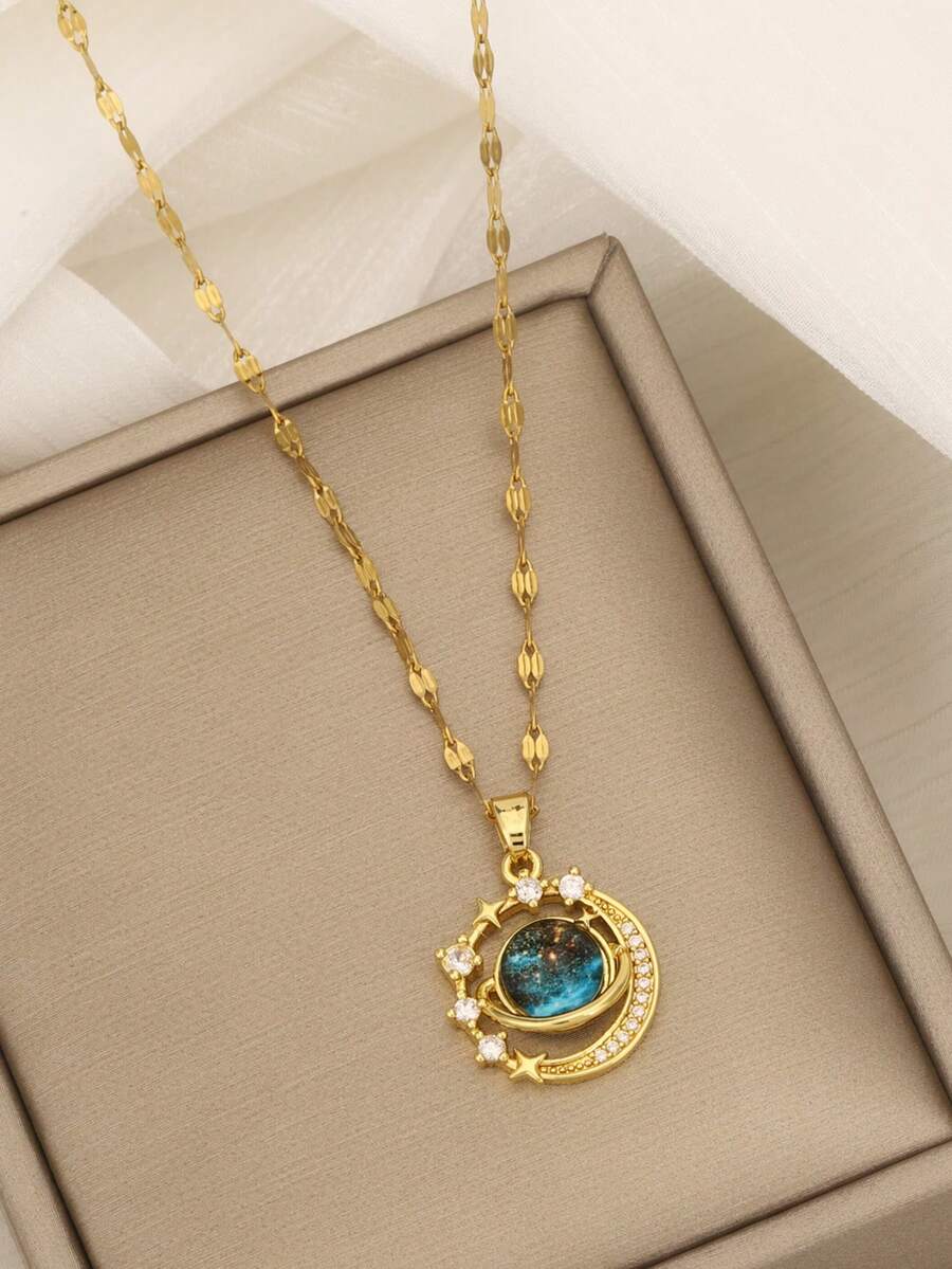1pc Stainless Steel Women's Necklace, Moon-Shaped Pendant Decorated With Starry Stone And Rhinestones (Necklace Box Not Included)