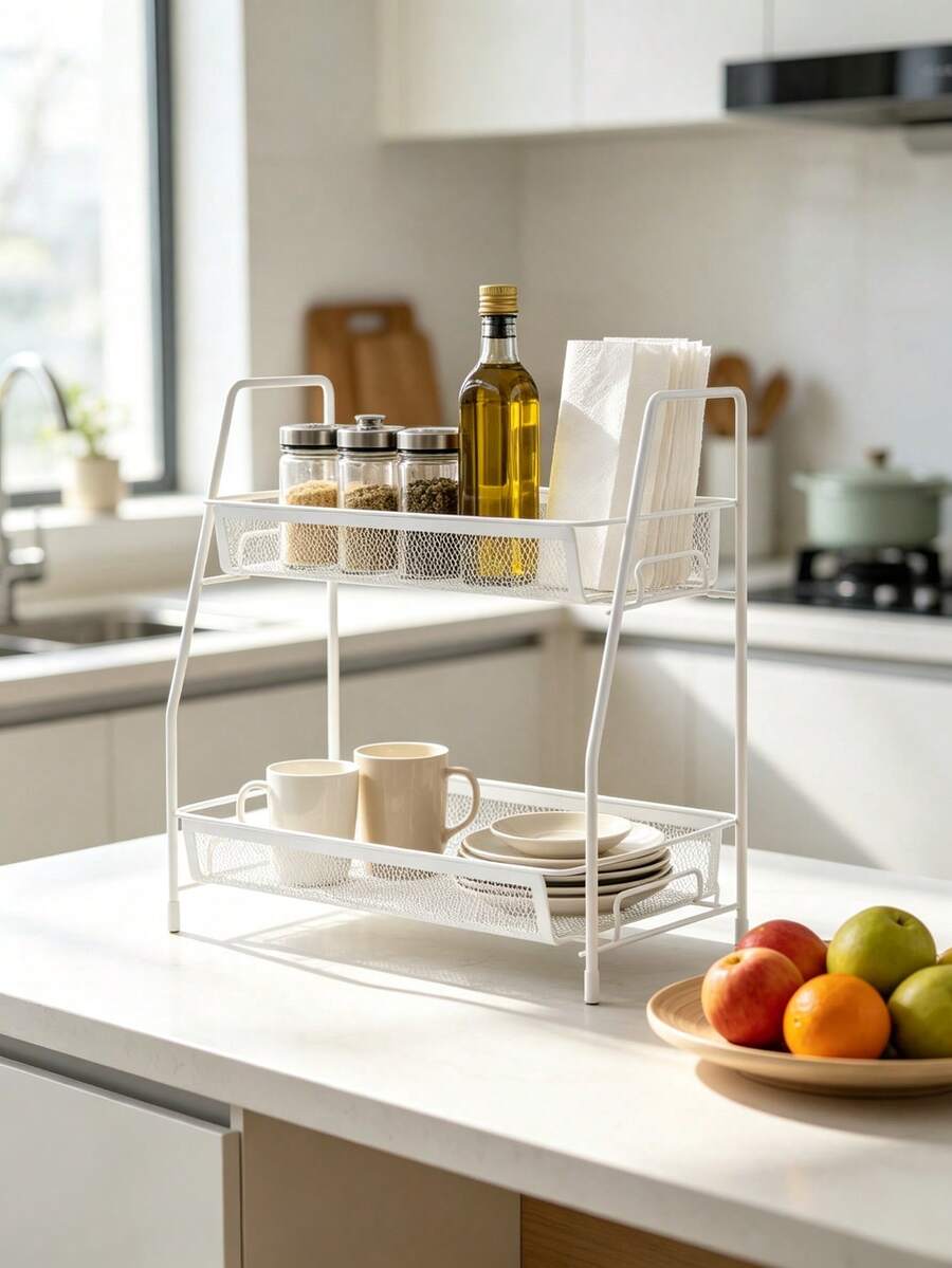 2-Tier Metal Mesh Kitchen Storage Rack Countertop Organizer, 2 Sizes Large Small, Black White Available, Pull Out Drawer Shelf For Spice Utensil Bathroom Vanity Desktop Storage,Metal Shelf For Kitchen Spice & Bathroom Cosmetic Organization