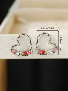 1 Pair Textured Hollow Heart Stud Earrings, Colorblock Sweet Girl Style, Versatile Delicate Daily Earrings - Love Earrings - View 5