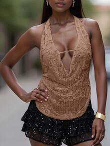 Sequin Halter Top For Women Sexy Sleeveless Deep V Neck Backless Glitter Tank Top Night Out Party Rave Outfits - 棕色2 - 查看 5