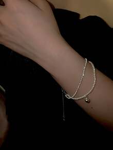 1pc Rose Flower Pearl Double Layer Bracelet For Women, Suitable For Matching With Dresses, Daily Wear, Gift For Friends - Silver - View 2