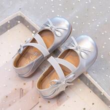 Girls' Shiny Bow Princess Shoes, Soft Sole, Non-Slip, Cross Elastic Strap, Baby Performance, Party, Daily Wear Shoes - Silver - View 4