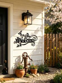 Decoración de pared para la entrada exterior - Letrero de bienvenida de metal con corte láser colgante de pared - Negro-C - Ver 8