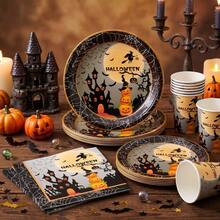 10/20/50/80pcs Halloween Horror Party Tableware Set, Haunted House Witch Flying Pumpkin Layered Paper Plates Cups Napkins, Halloween Disposable Plates, Pumpkin Lantern, Witch, Castle And Spider Web Pattern, Halloween Trick Or Treat Horror Decoration Supplies - View 6