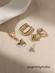 Niche Vacation Style Multi-Layer Stackable Earring Set, Starfish & Shell Pendant Hoop Earrings, Simple Girly Accessories - Yellow Gold - View 5