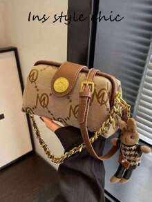 Khaki Letter Print Small Square Shoulder Bag, Dual Gold Chain & Leather Handle Strap, Metal Buckle Decor, Cute Rabbit Charm, Daily Handbag - Khaki - View 7