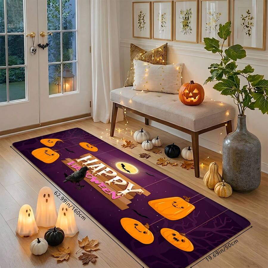 1pc Halloween Theme Purple Background Hanging Smiling Pumpkin Print Bathroom Mat, Quick-Drying Soft Cute Cartoon Absorbent Carpet, Full Moon Bat Dead Tree Decorative Pattern, Easy To Clean, Suitable For Kitchen Shower Area Indoor Hallway, All-Season Non-Slip Mat