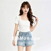 Hot Girl Style High Waist Slimming Washed Denim Shorts With Pockets For Vacation, Home, Daily Wear In Summer - Blue - View 2
