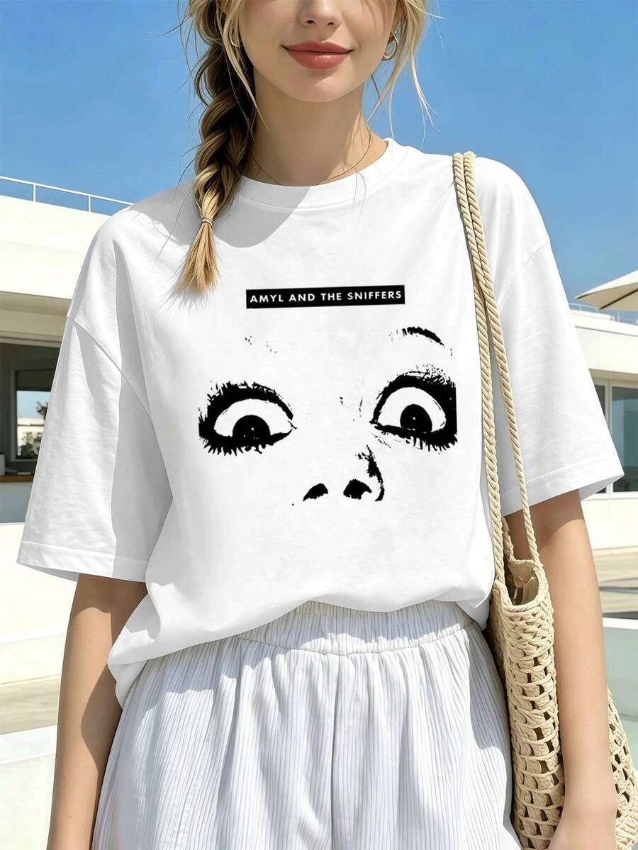 Vintage-T-Shirt mit Augen-Print, 100 % Baumwolle, bedruckt, lässig, atmungsaktiv - Weiss - Übersicht 1