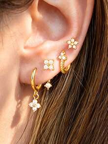 4PCS Exquisite Stainless Steel Zirconia Round Hoop Earring Set For Women 18K Gold Plated Temperament Flower Ear Stud Cartilage Piercing Jewelry - 4PCS-gold - View 2