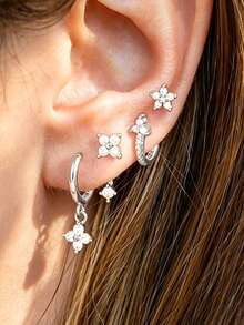 4PCS Exquisite Stainless Steel Zirconia Round Hoop Earring Set For Women Temperament Flower Ear Stud Cartilage Piercing Jewelry - 4PCS - Silver - View 2