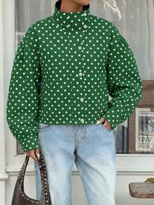Women's Polka Dot Woven Fabric Button-Up Jacket, Casual Autumn Top - Green Polka Dots - View 6