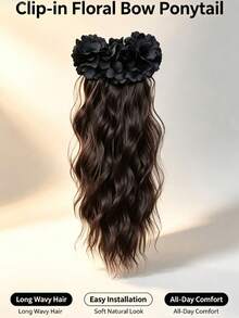 1pc Large Wavy Ponytail Pear Blossom Claw Clip, Realistic Natural Invisible Black Hair Extension, Fashionable Banana Clip With Floral Design, Premium Style For Women - Multicolor - View 2