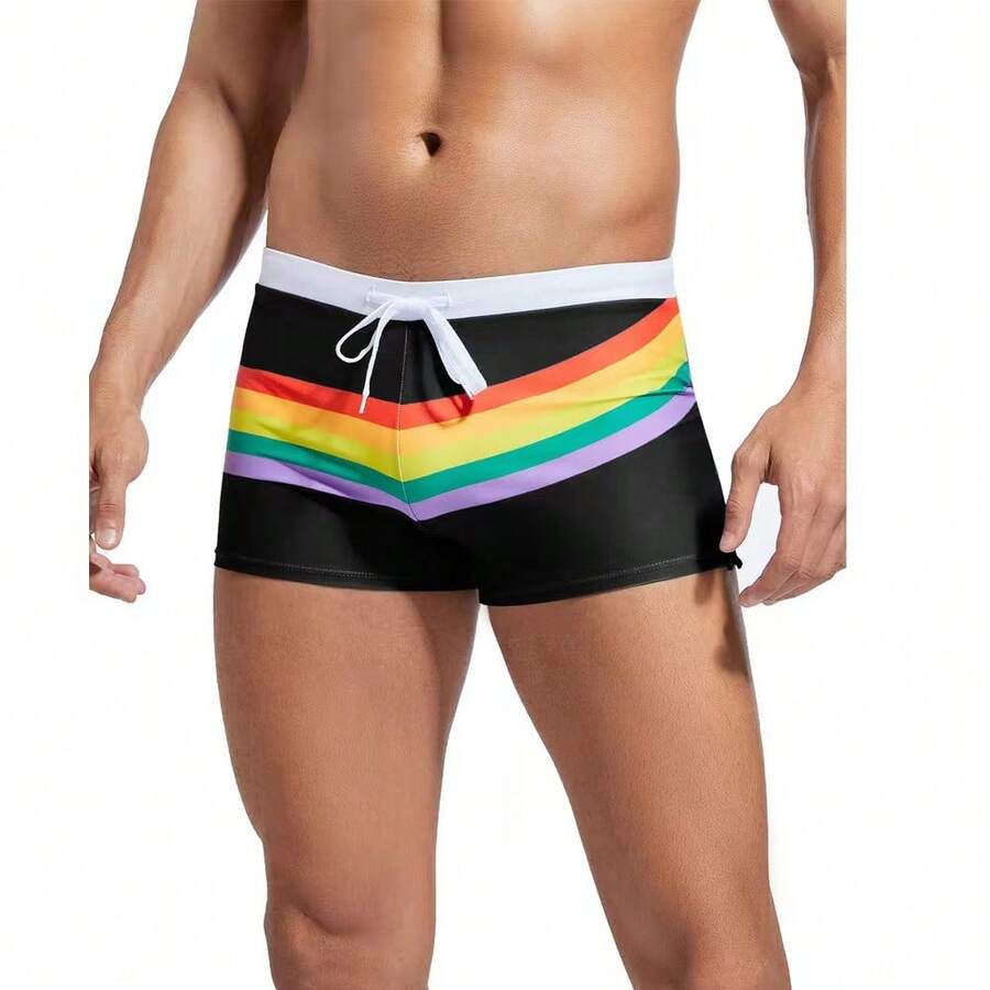 Celana Renang Pria Seksi Model Kaki Persegi dengan Motif Pelangi, Saku Belakang dan Resleting, Celana Pendek Pantai Olahraga Hitam - Hitam - View 1