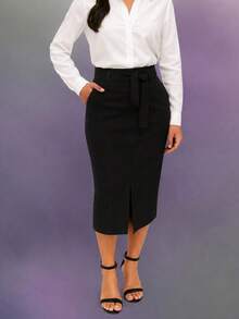 Women's Midi Skirt In Faux Leather With Belt (No Buckle) – Fits Sizes 38 To 50 | Casual, Elegant And Comfortable - 黑色 - 查看 2