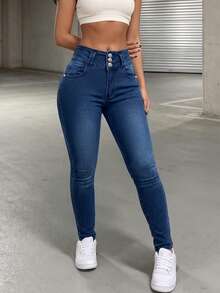 Celana Jeans Denim Wanita Model Rusak, Model Baru Warna Polos, Bahan Elastis Tinggi, Jeans Elegan - Dark Wash - View 2