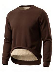 Men's Solid Color Minimalist Pullover Thermal Lined Sweatshirt, Autumn/Winter - Coffee Brown - View 5